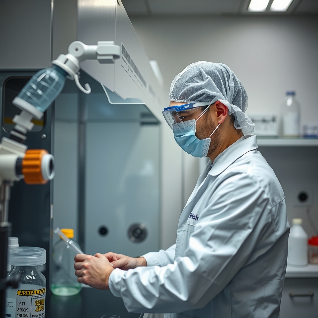 Kỹ thuật viên làm việc trong phòng thí nghiệm với tủ hút khí độc 