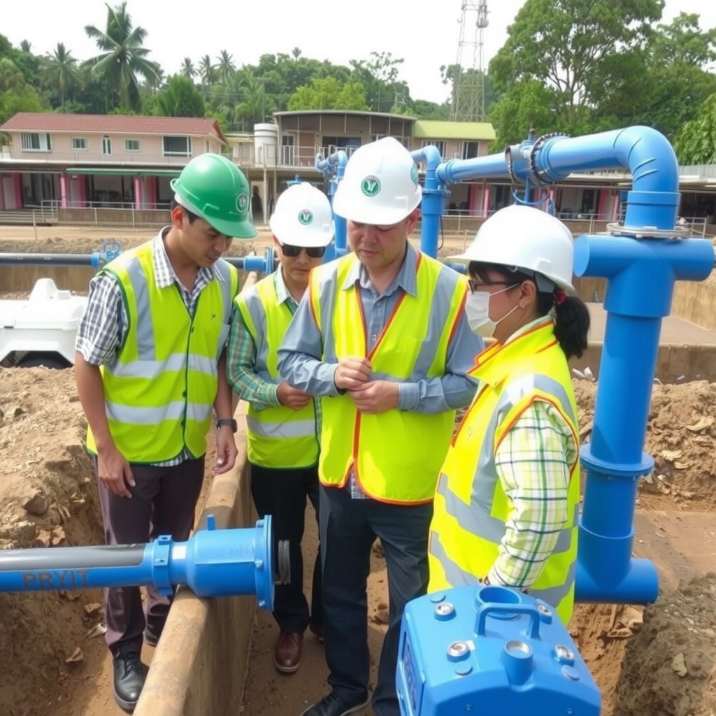 Đội ngũ kỹ sư Môi Trường Đông Nam Bộ đang kiểm tra hệ thống xử lý nước thải 