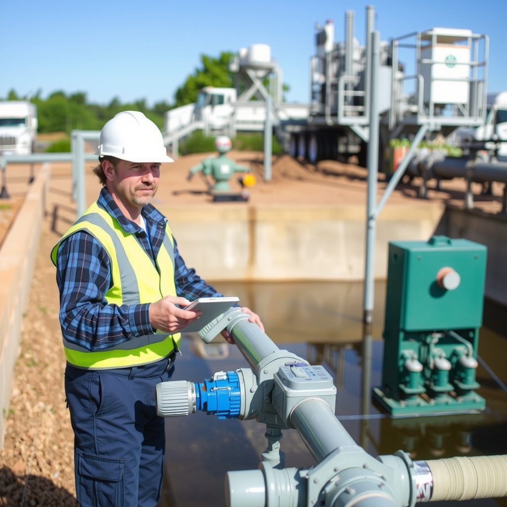 Kỹ sư kiểm tra hệ thống xử lý nước thải định kỳ 