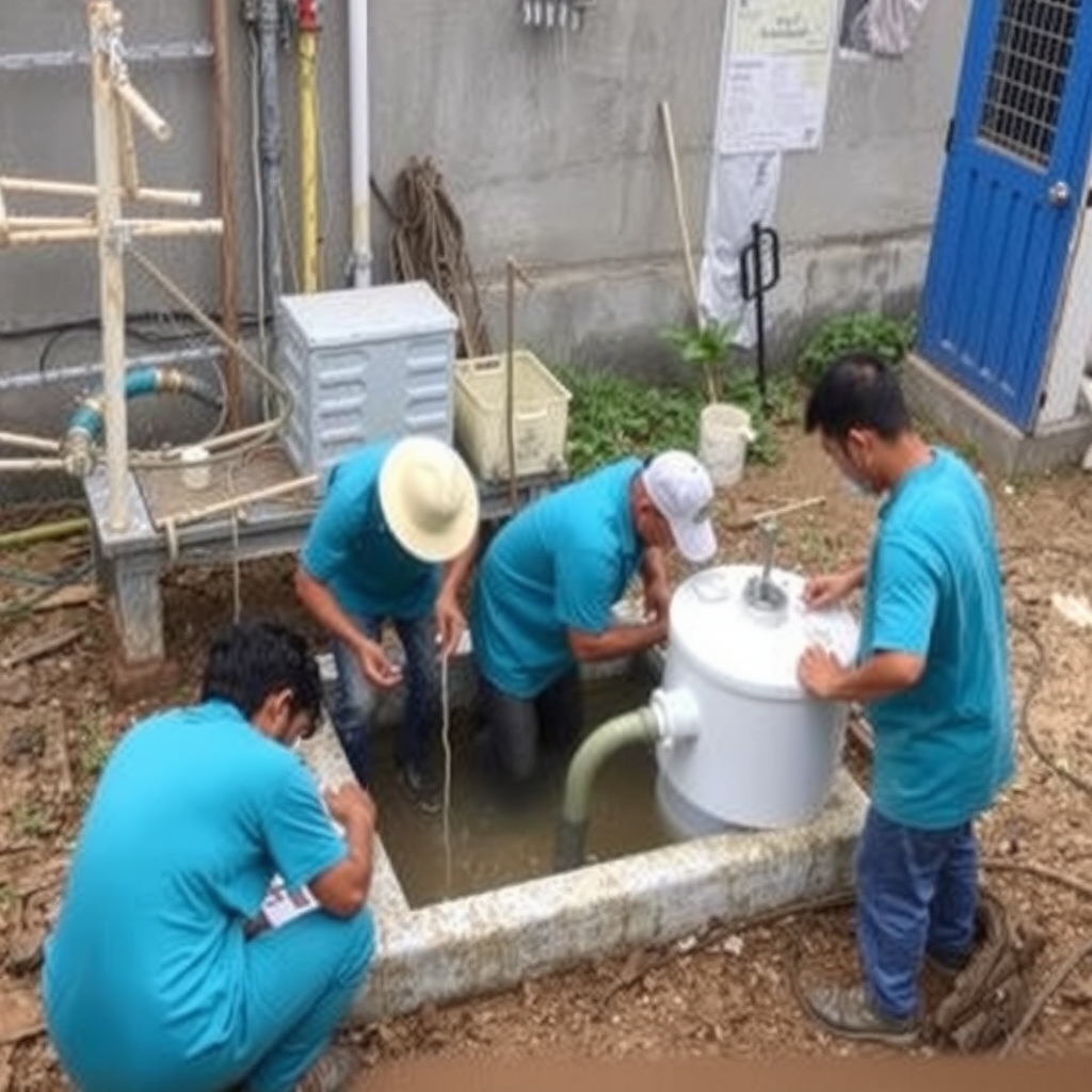 Công nhân Môi Trường Đông Nam Bộ đang thi công cải tạo hệ thống xử lý nước thải nha khoa 