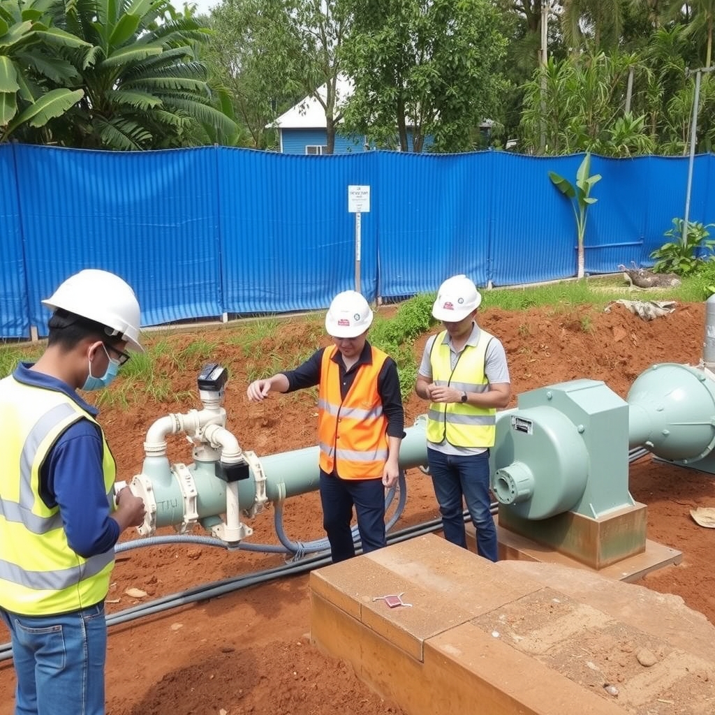 Đội ngũ kỹ sư Môi Trường Đông Nam Bộ đang kiểm tra hệ thống xử lý nước thải tại công trường 