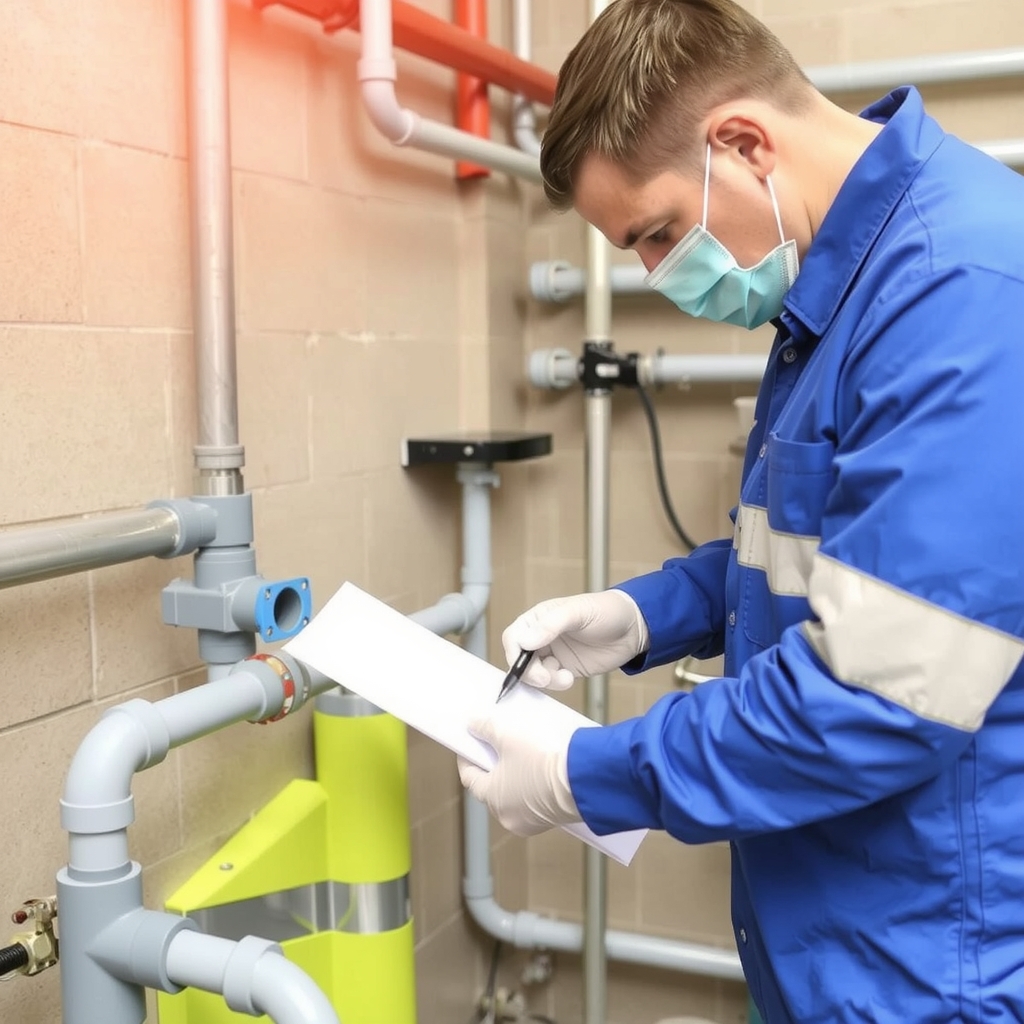 Kỹ sư kiểm tra hệ thống đường ống nước thải tại phòng khám nha khoa 