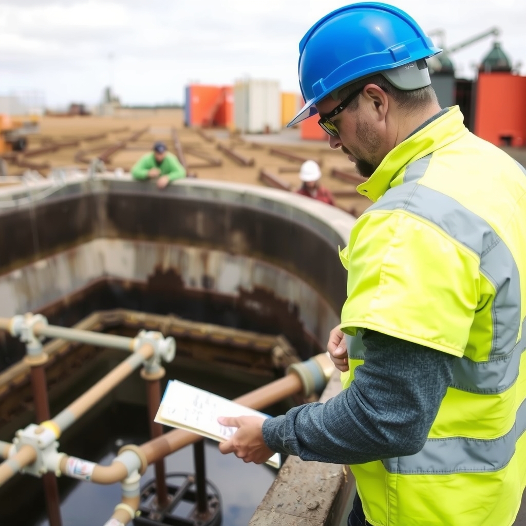 Kỹ sư môi trường kiểm tra hệ thống xử lý nước thải 