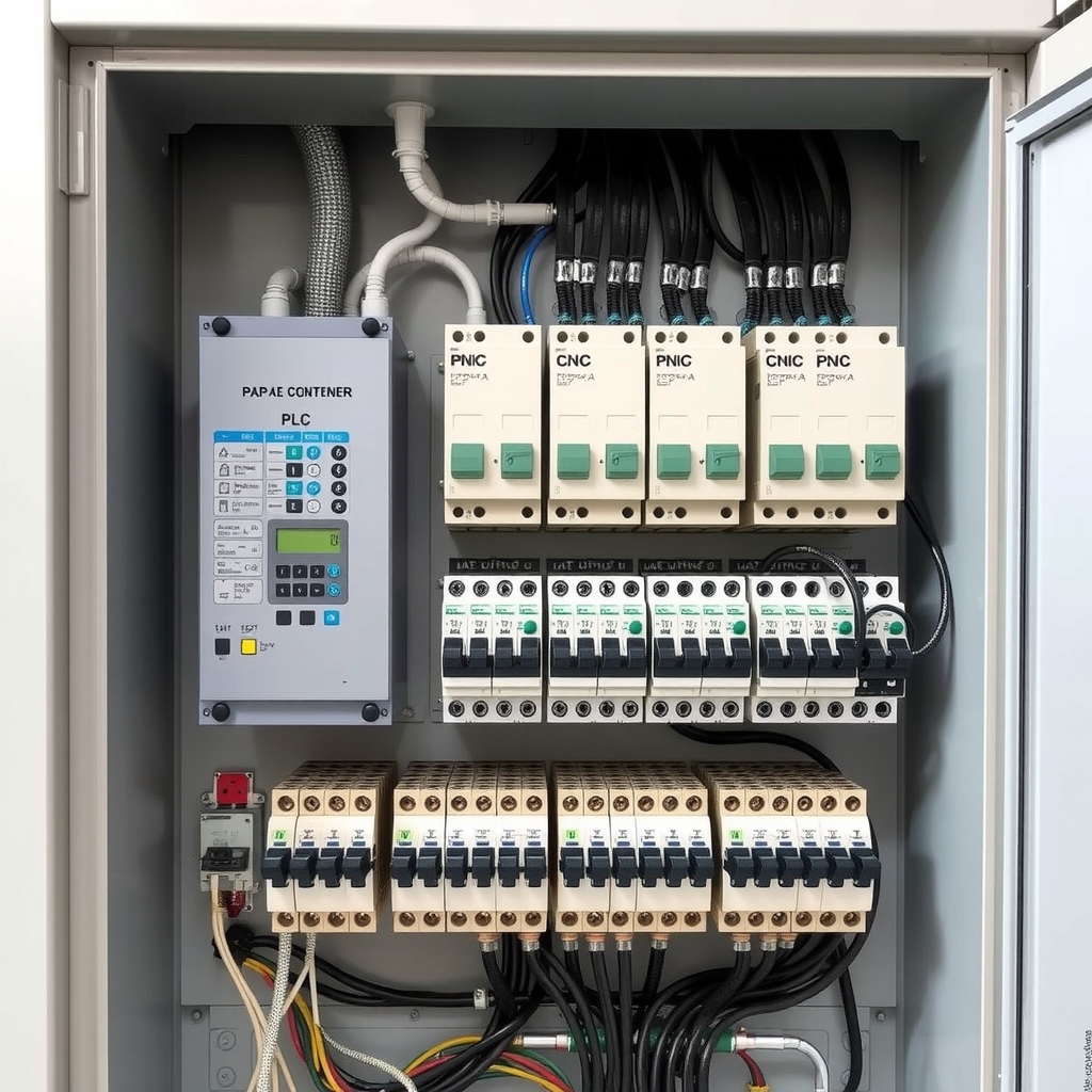 Hình ảnh bên trong tủ điện với PLC và các contactor 