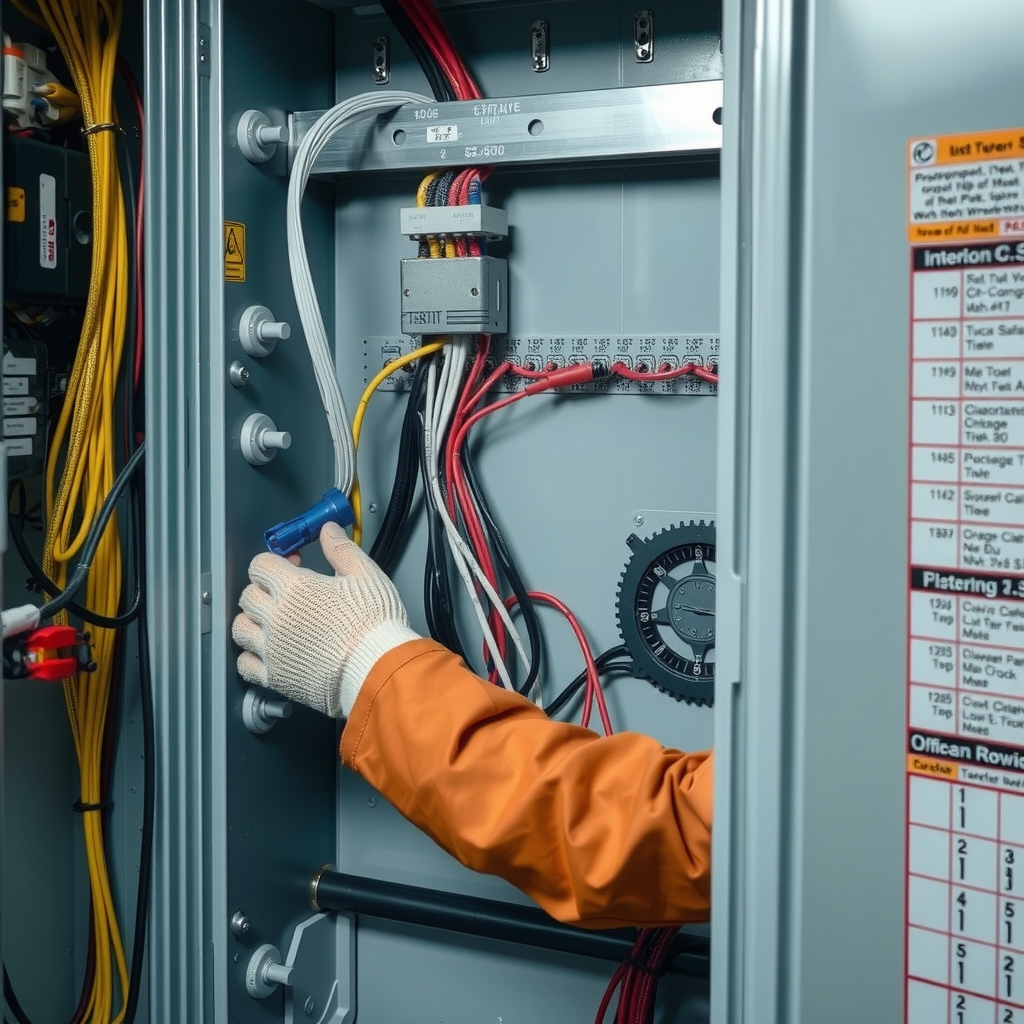Kỹ thuật viên đang đấu nối dây điện bên trong tủ điều khiển 